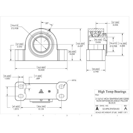 Picture of 2-15/16" High Temperature S2000 Non Expansion 4 Bolt Pillow Block Heavy Duty Bearing