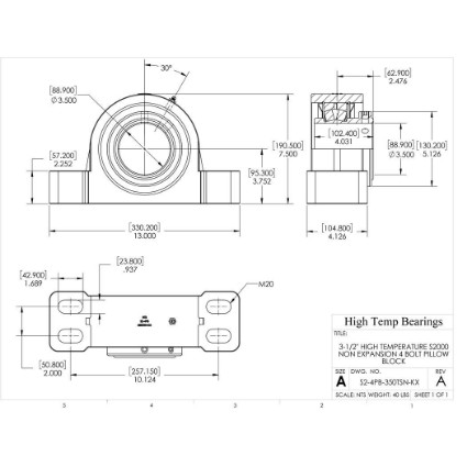 Picture of 3-1/2" High Temperature S2000 Non Expansion 4 Bolt Pillow Block Heavy Duty Bearing
