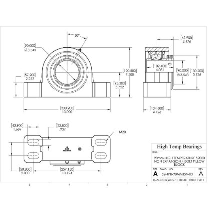 Picture of 90mm High Temperature S2000 Non Expansion 4 Bolt Pillow Block Heavy Duty Bearing