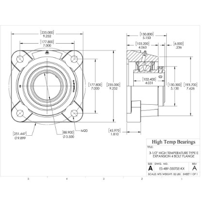Picture of 3-1/2" High Temperature Type E Expansion 4 Bolt Flange Heavy Duty Bearing