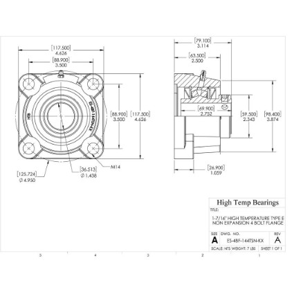 Picture of 1-7/16" High Temperature Type E Non Expansion 4 Bolt Flange Heavy Duty Bearing
