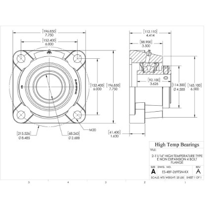 Picture of 2-11/16" High Temperature Type E Non Expansion 4 Bolt Flange Heavy Duty Bearing